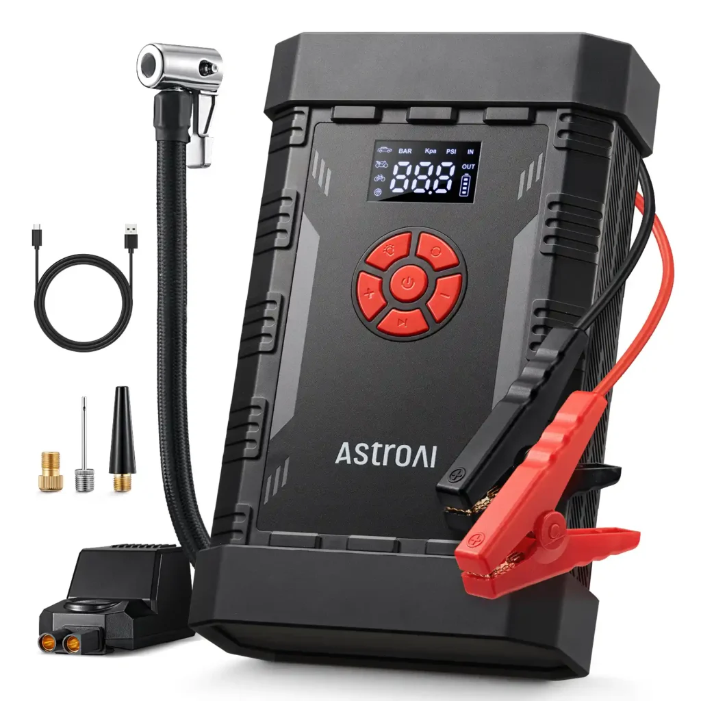 Portable jump starters from AstroAI and Buture compared on peak amps, engine size and built-in compressors, plus cordless and 12V tire inflators, with prices and codes.